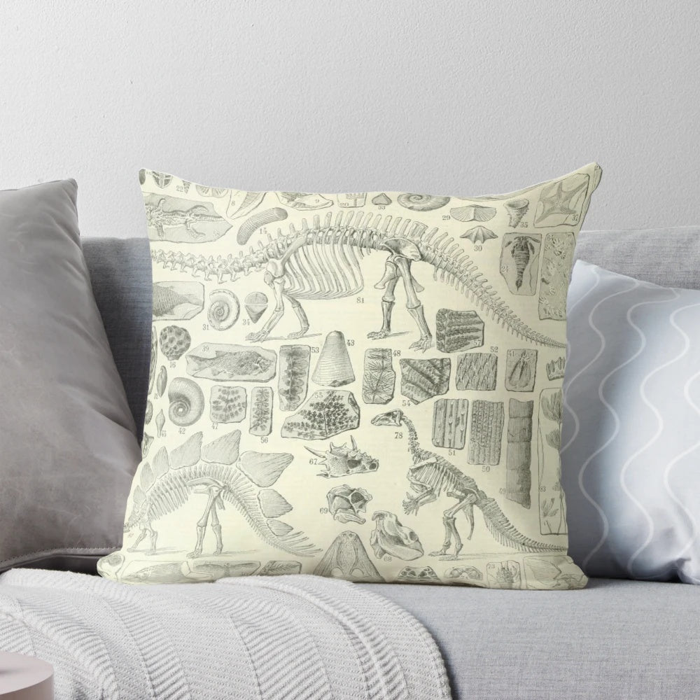 Vintage fossil chart pillow featuring an antique dinosaur and prehistoric biology illustration