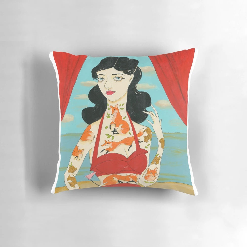 Vintage-inspired pillow featuring a foxy tattooed lady design