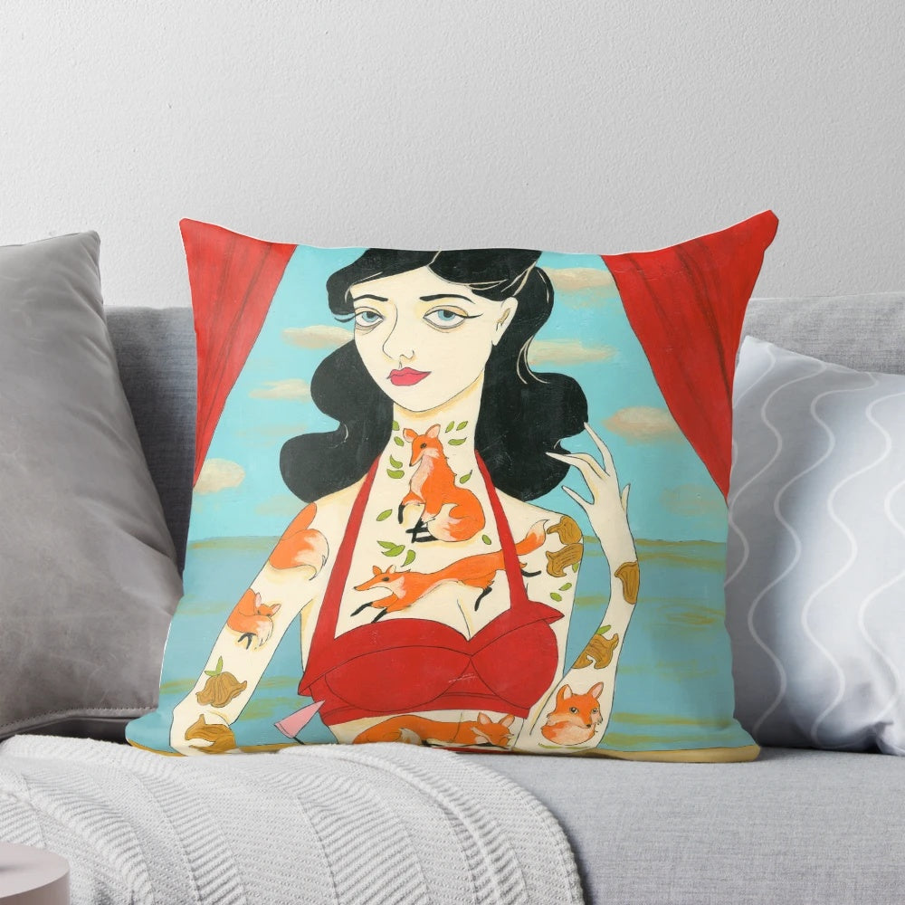 Vintage-inspired pillow featuring a foxy tattooed lady design