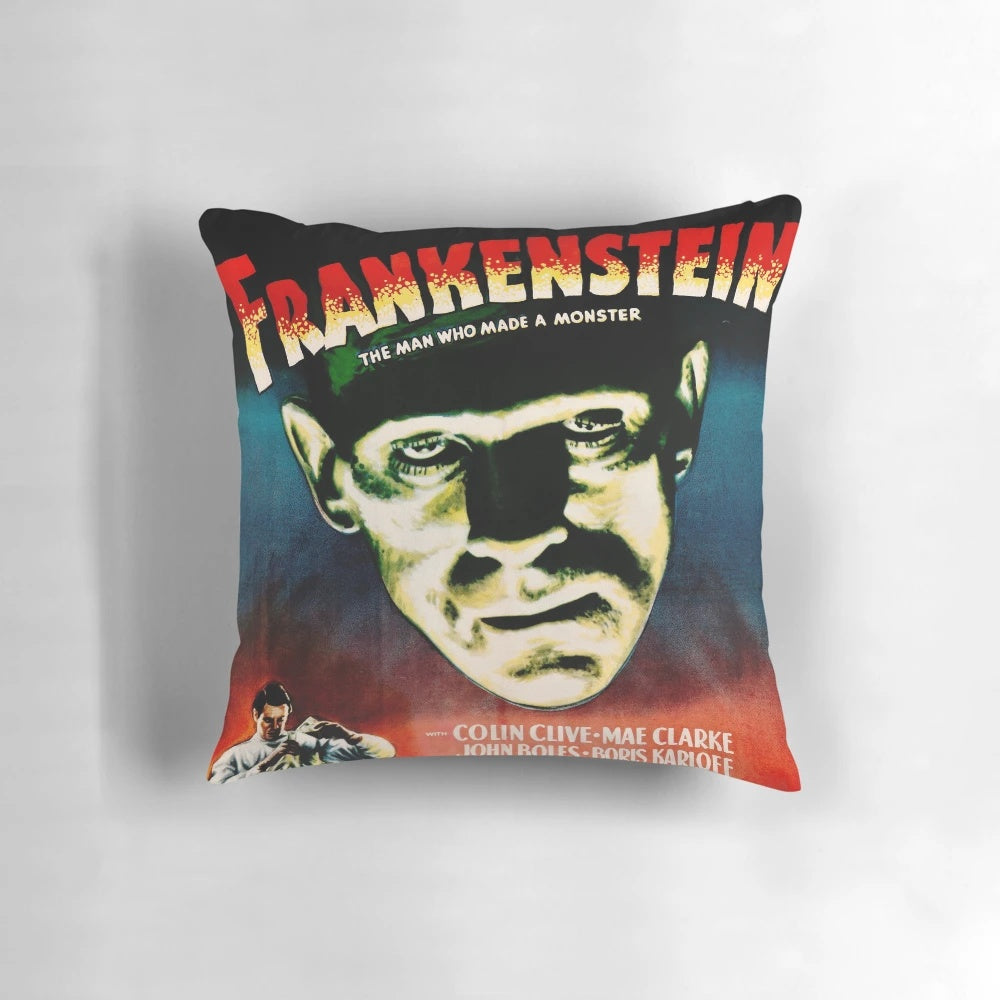 Vintage Frankenstein horror movie themed pillow with antique, retro lithography-style artwork