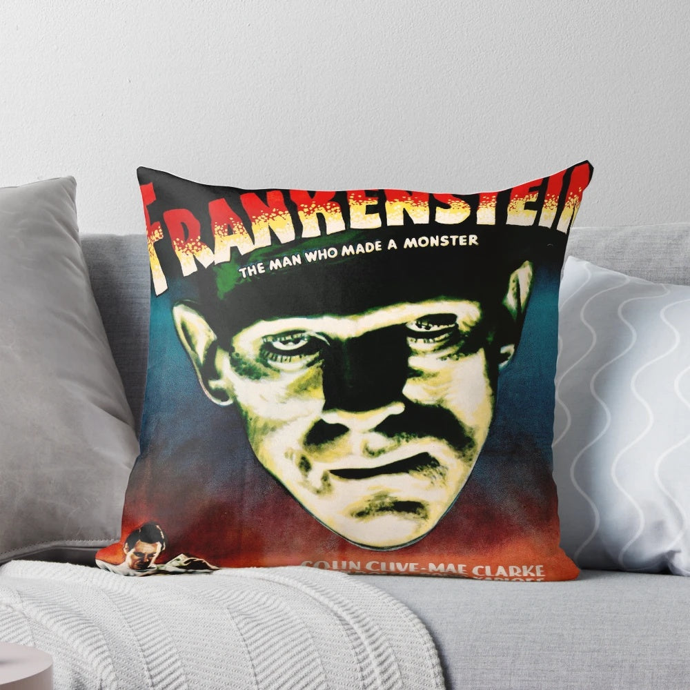 Vintage Frankenstein horror movie themed pillow with antique, retro lithography-style artwork