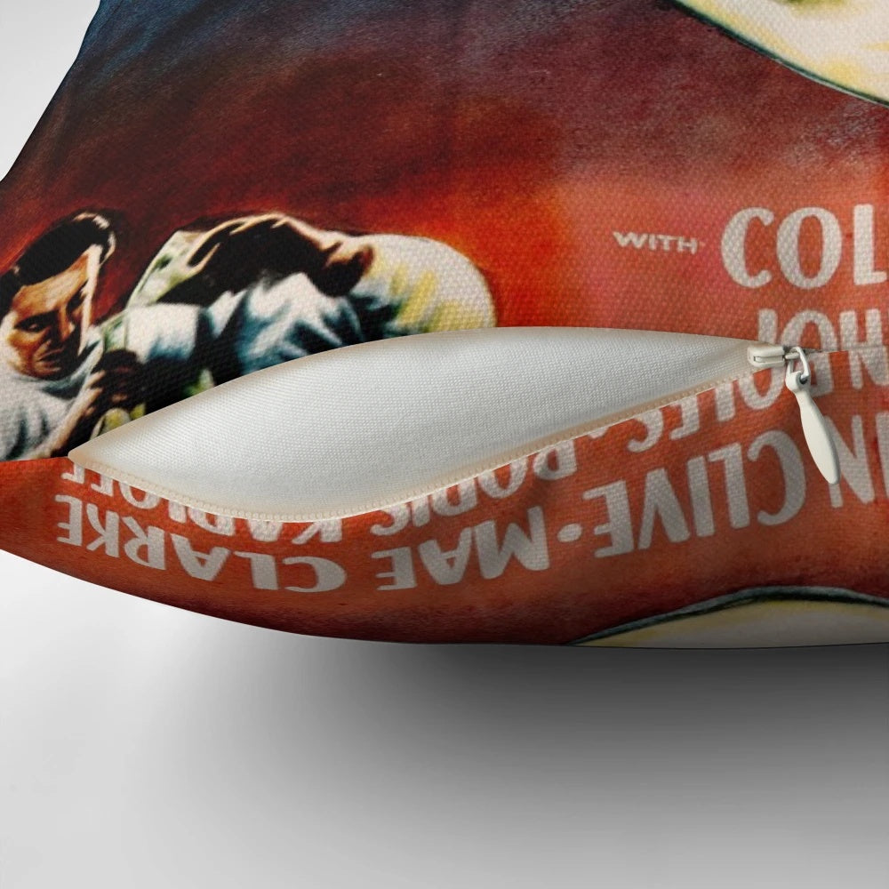 Vintage Frankenstein horror movie themed pillow with antique, retro lithography-style artwork