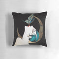 Vintage French Art Deco inspired pillow design featuring a beautiful flapper woman with a butterfly kiss and crescent moon against a gold texture background.