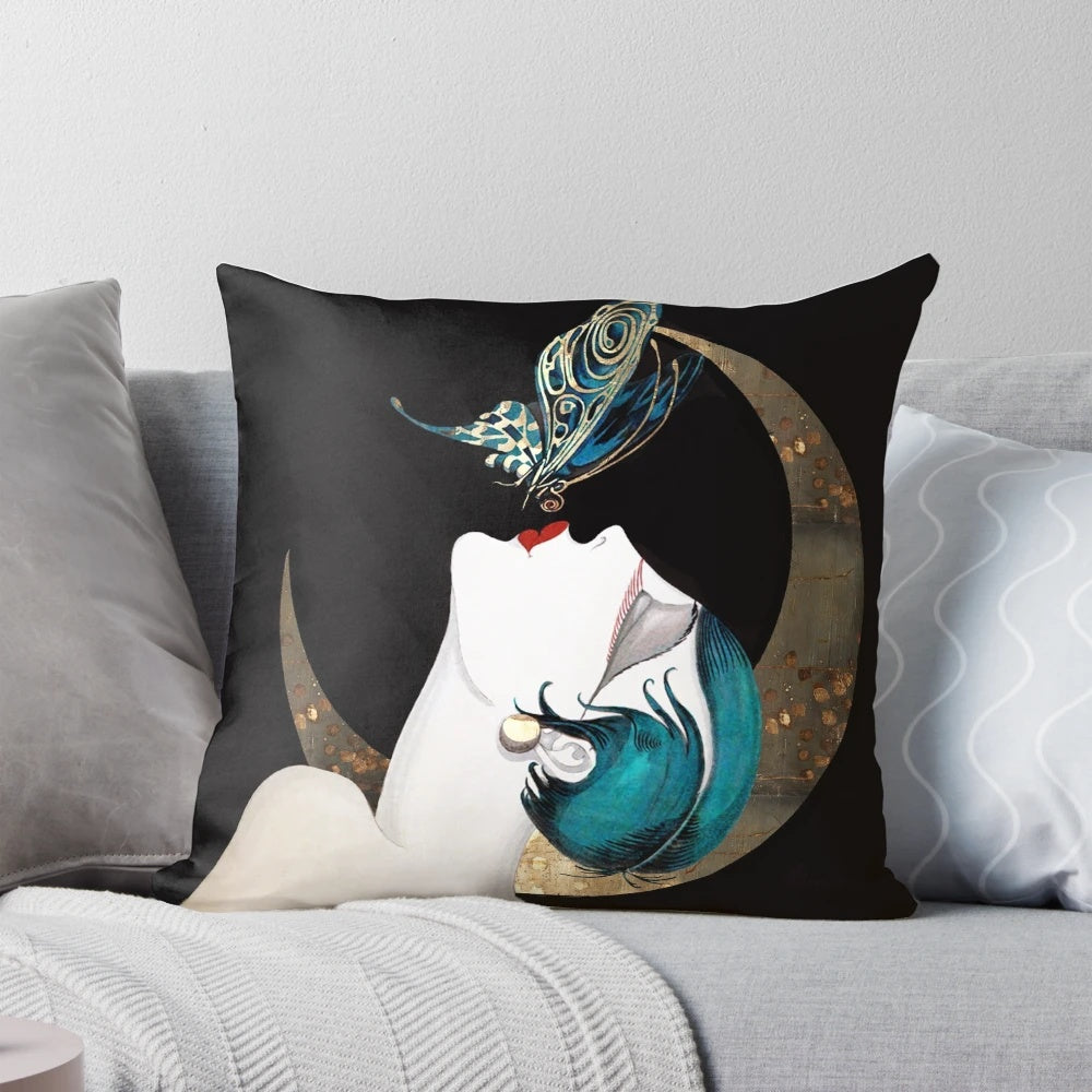 Vintage French Art Deco inspired pillow design featuring a beautiful flapper woman with a butterfly kiss and crescent moon against a gold texture background.