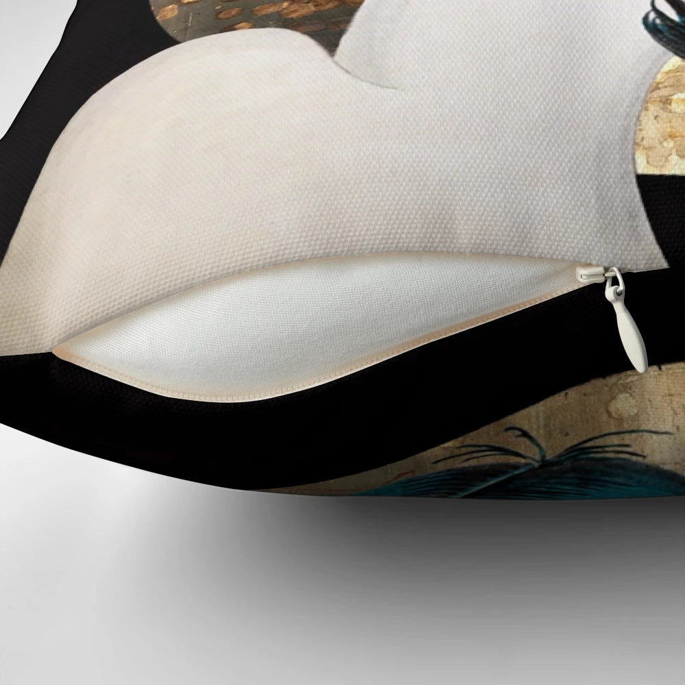 Vintage French Art Deco inspired pillow design featuring a beautiful flapper woman with a butterfly kiss and crescent moon against a gold texture background.