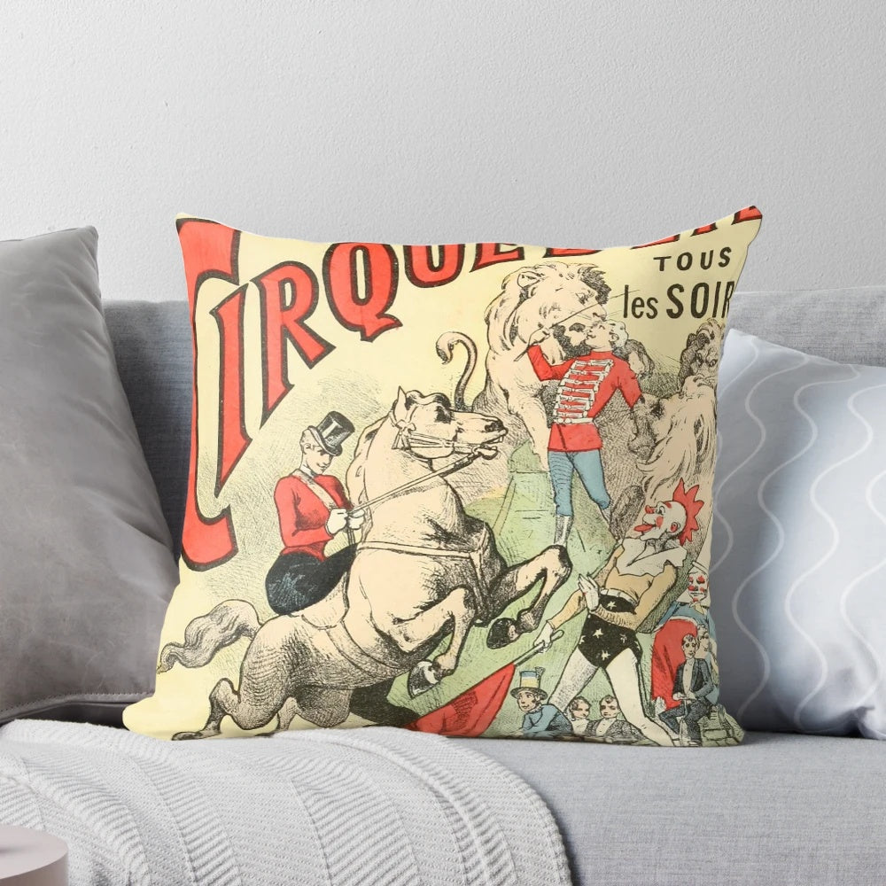 Vintage French circus poster printed on a soft, plush pillow