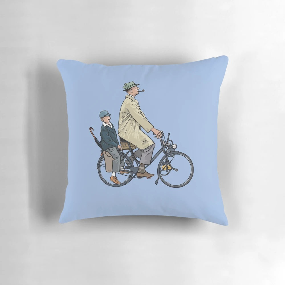 Vintage-style throw pillow featuring the character Monsieur Hulot from the classic French film 'Mon Oncle' directed by Jacques Tati.