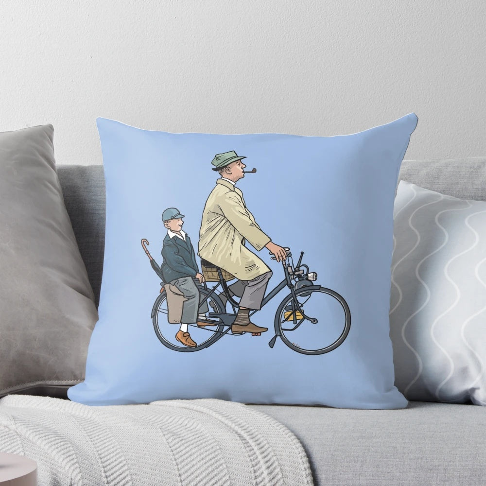 Vintage-style throw pillow featuring the character Monsieur Hulot from the classic French film 'Mon Oncle' directed by Jacques Tati.