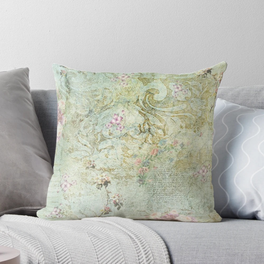 Vintage French Floral Wallpaper Decorative Pillow featuring a pink and green floral design