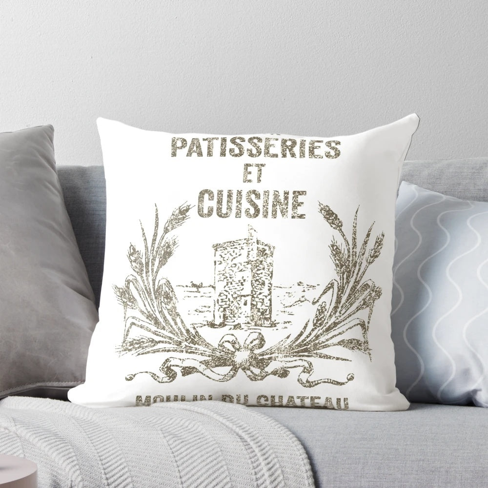 Vintage-inspired flour sack illustration printed on a soft, high-quality pillow for French country-style kitchen decor.