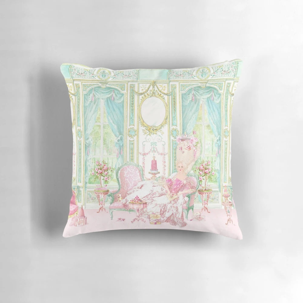 Decorative pillow featuring a watercolor illustration of Marie Antoinette and the Palace of Versailles