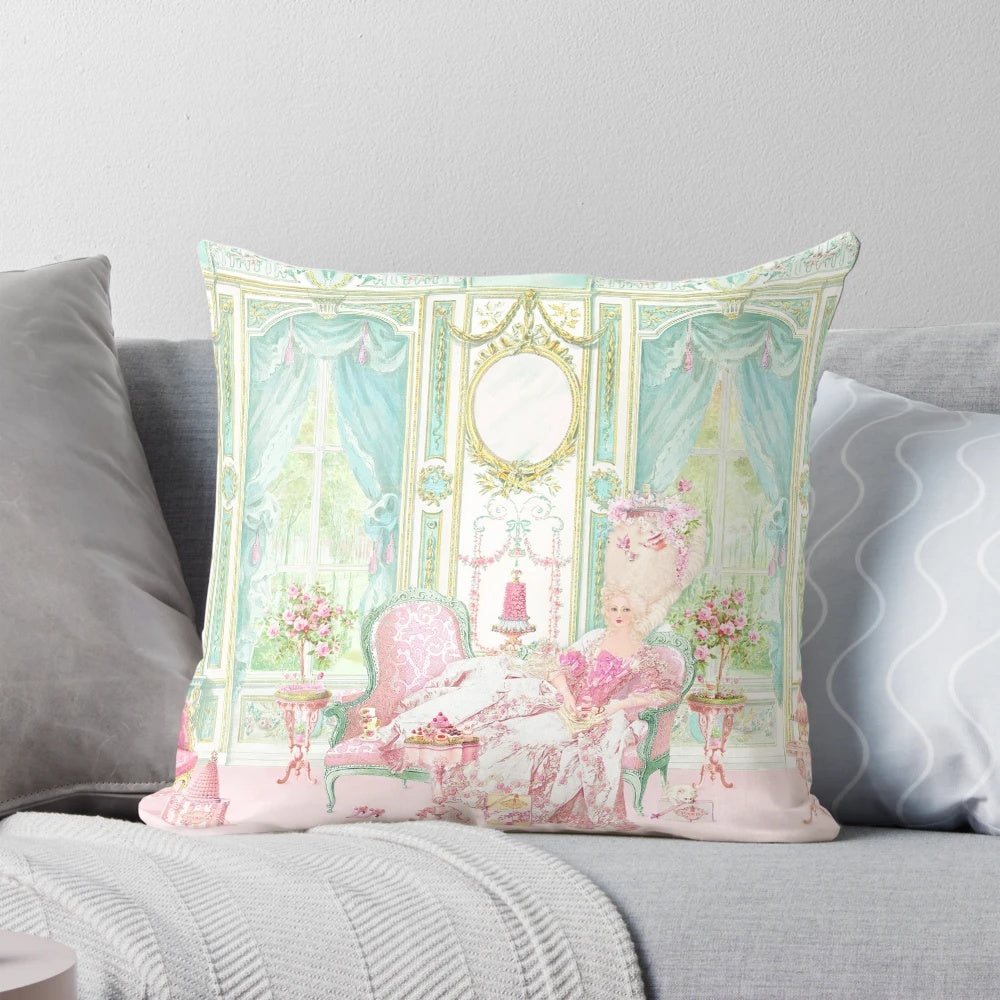 Decorative pillow featuring a watercolor illustration of Marie Antoinette and the Palace of Versailles