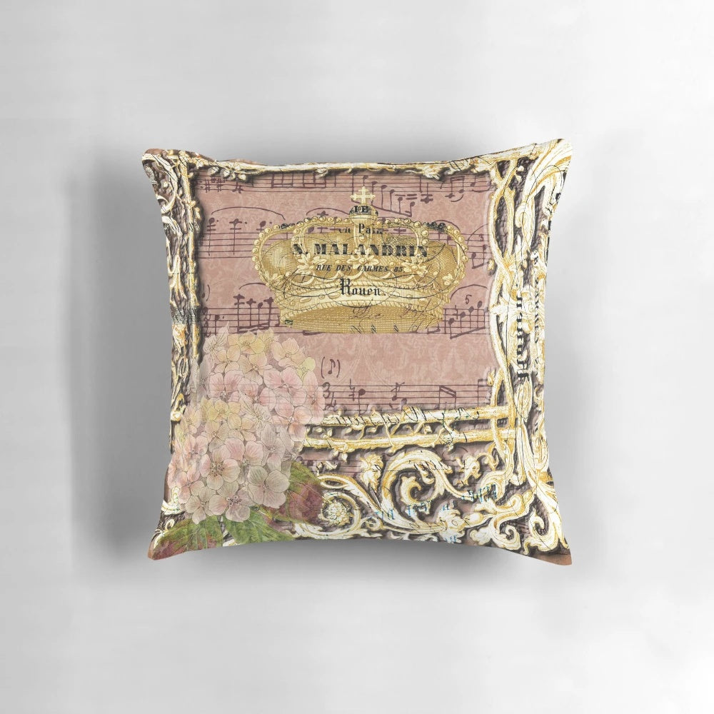 Vintage French music crown collage throw pillow with pink floral and damask accents