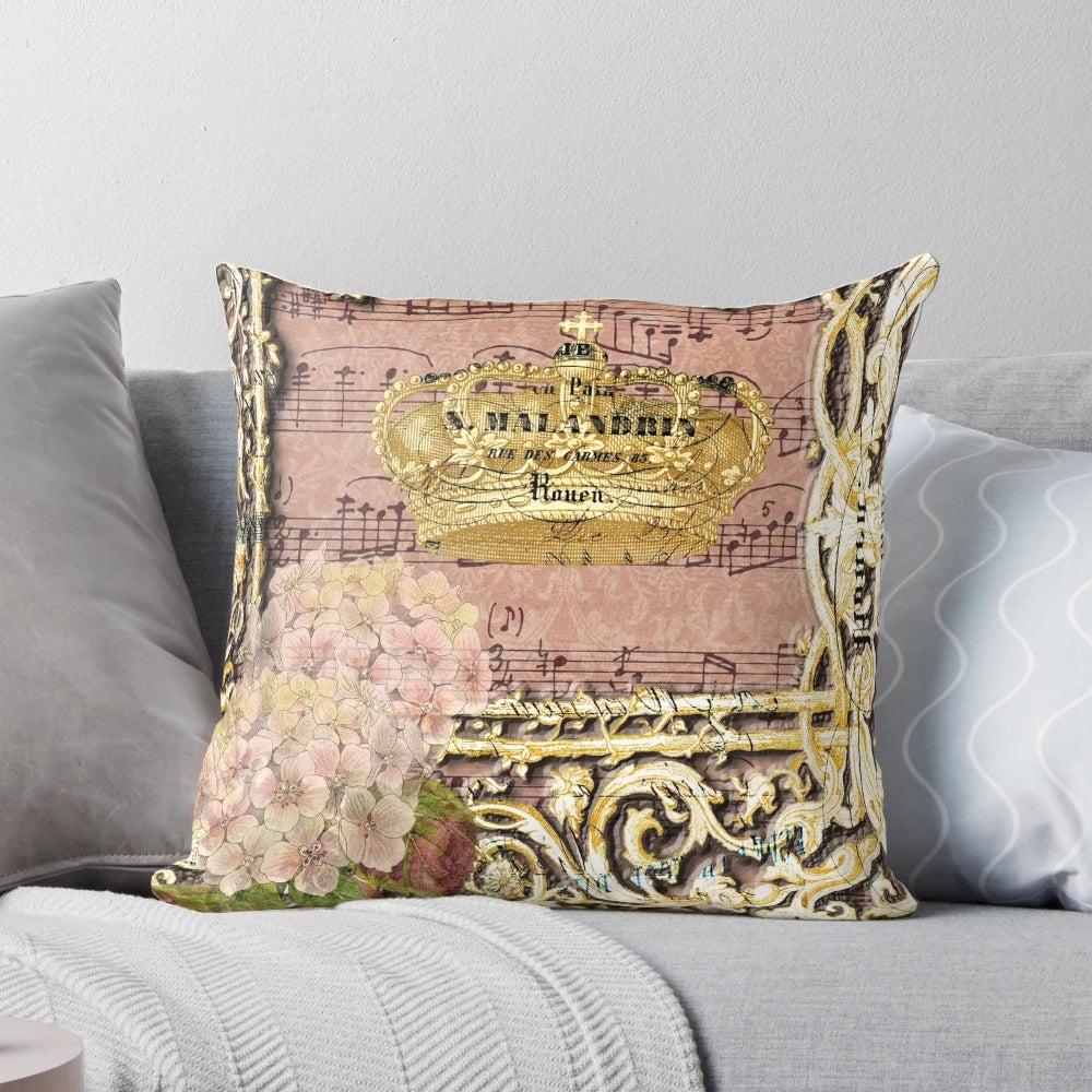 Vintage French music crown collage throw pillow with pink floral and damask accents