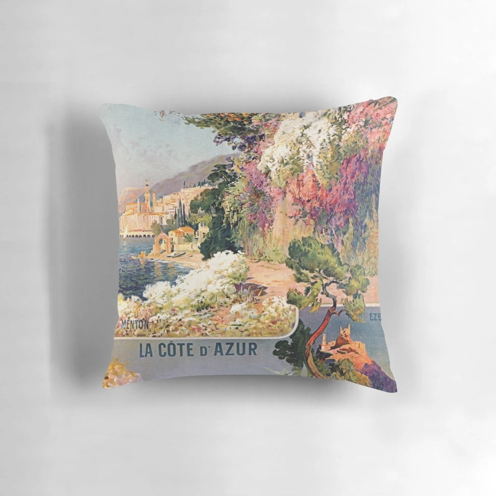 Vintage French Riviera travel advertisement-inspired accent pillow with train, railway and impressionist-style design