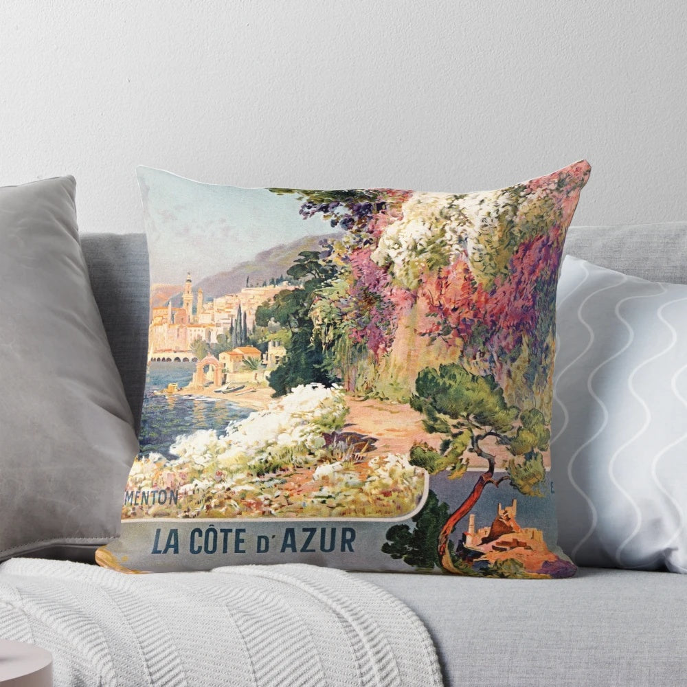 Vintage French Riviera travel advertisement-inspired accent pillow with train, railway and impressionist-style design