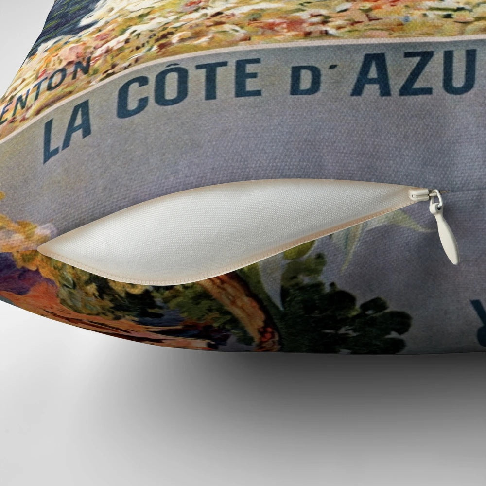 Vintage French Riviera travel advertisement-inspired accent pillow with train, railway and impressionist-style design
