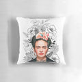 Monochrome Frida Kahlo portrait with beautiful black and white flowers decorative pillow
