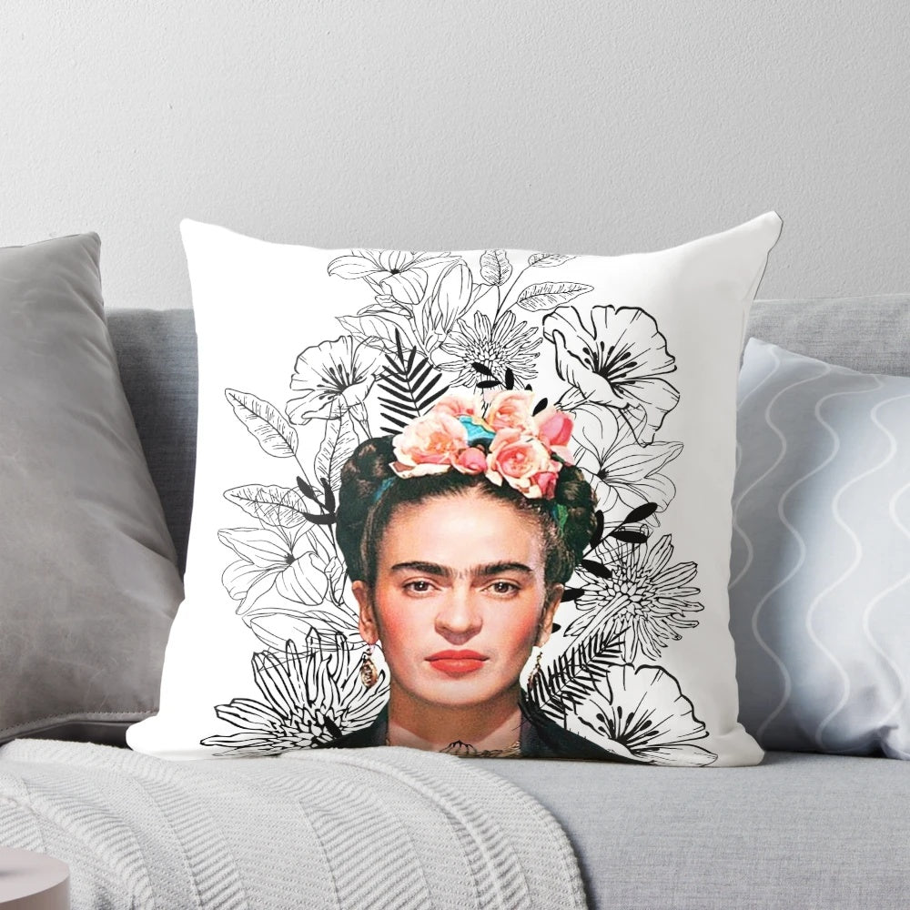 Monochrome Frida Kahlo portrait with beautiful black and white flowers decorative pillow