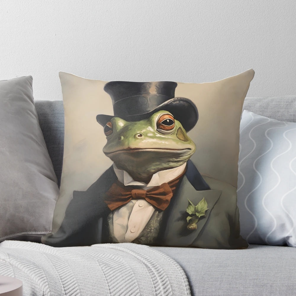 Vintage watercolor frog portrait decorative pillow with frog in costume