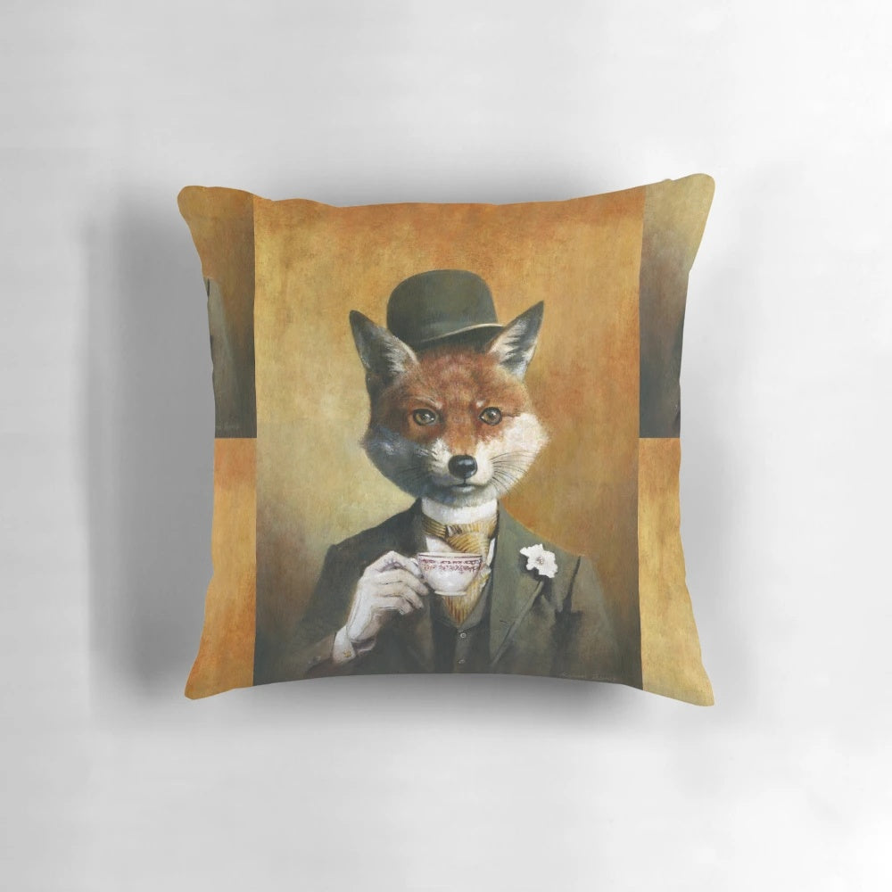 Vintage illustration of a red fox wearing a bowler hat and suit, enjoying a cup of tea.