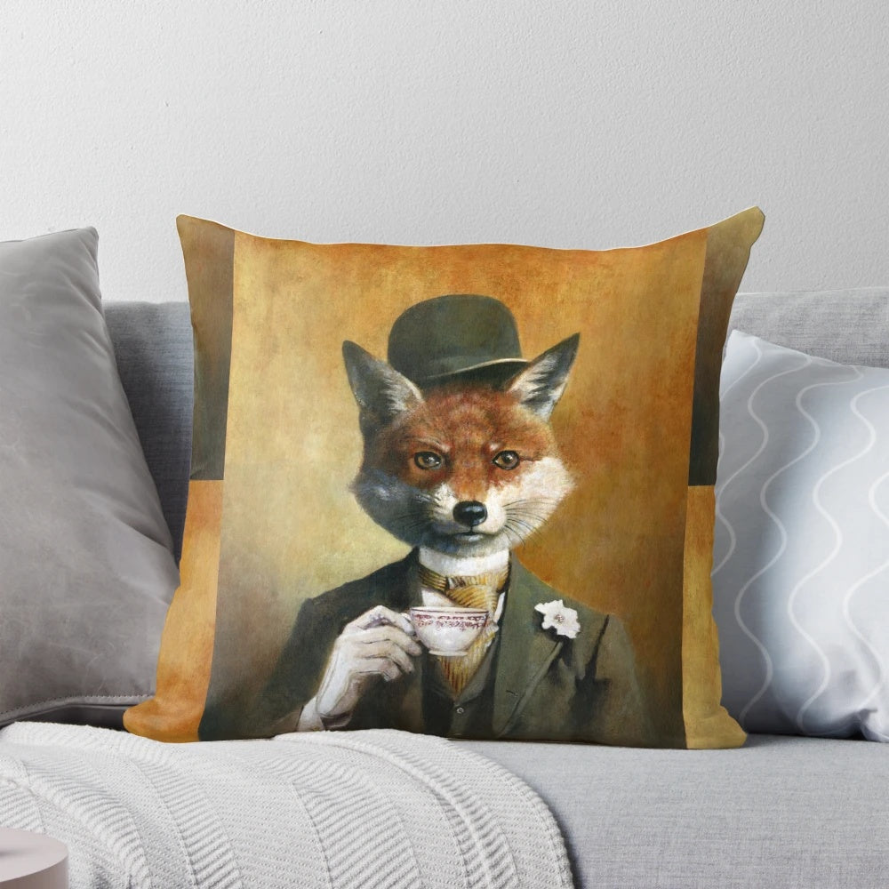 Vintage illustration of a red fox wearing a bowler hat and suit, enjoying a cup of tea.