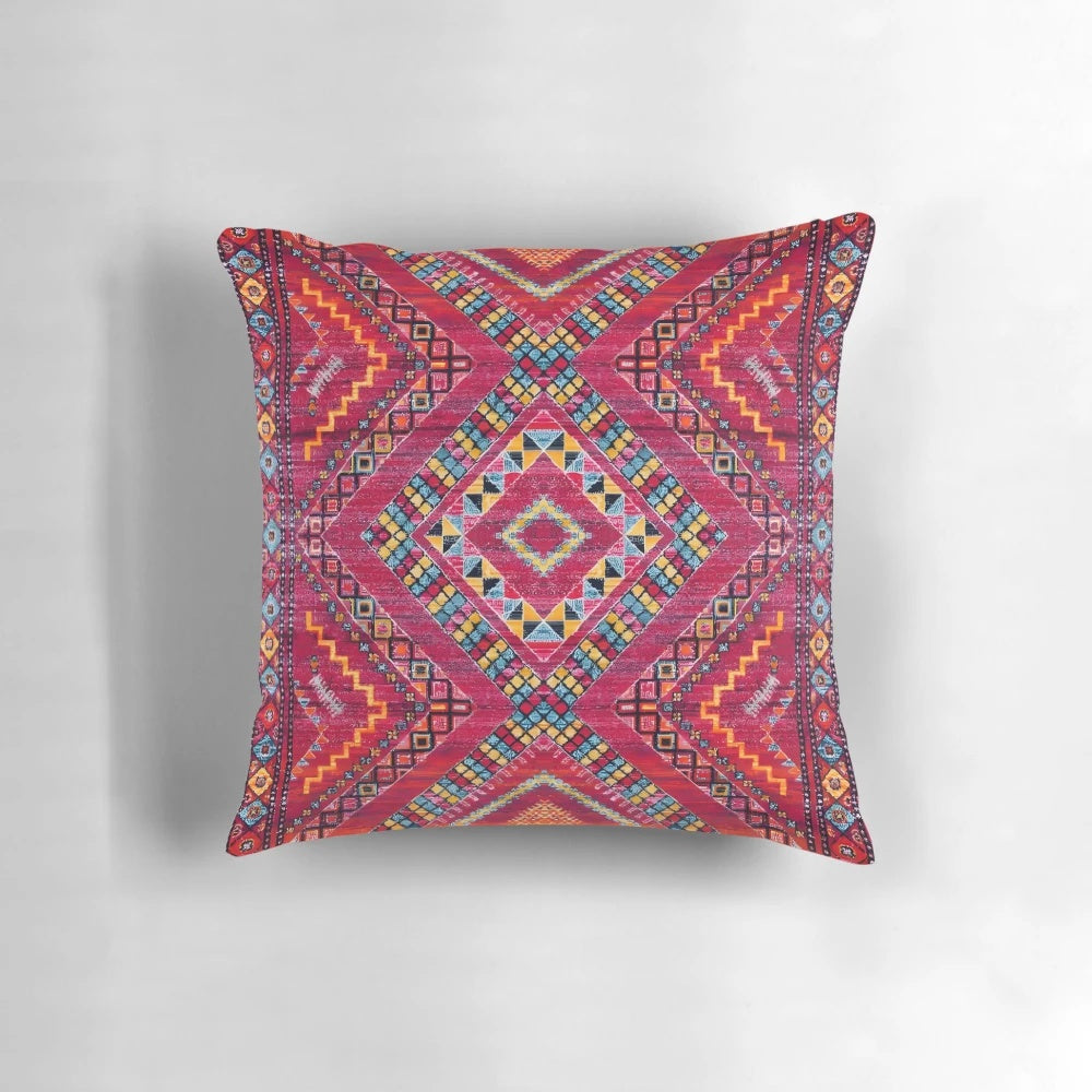 Vintage geometric art fusion throw pillow with pink and bohemian-inspired design