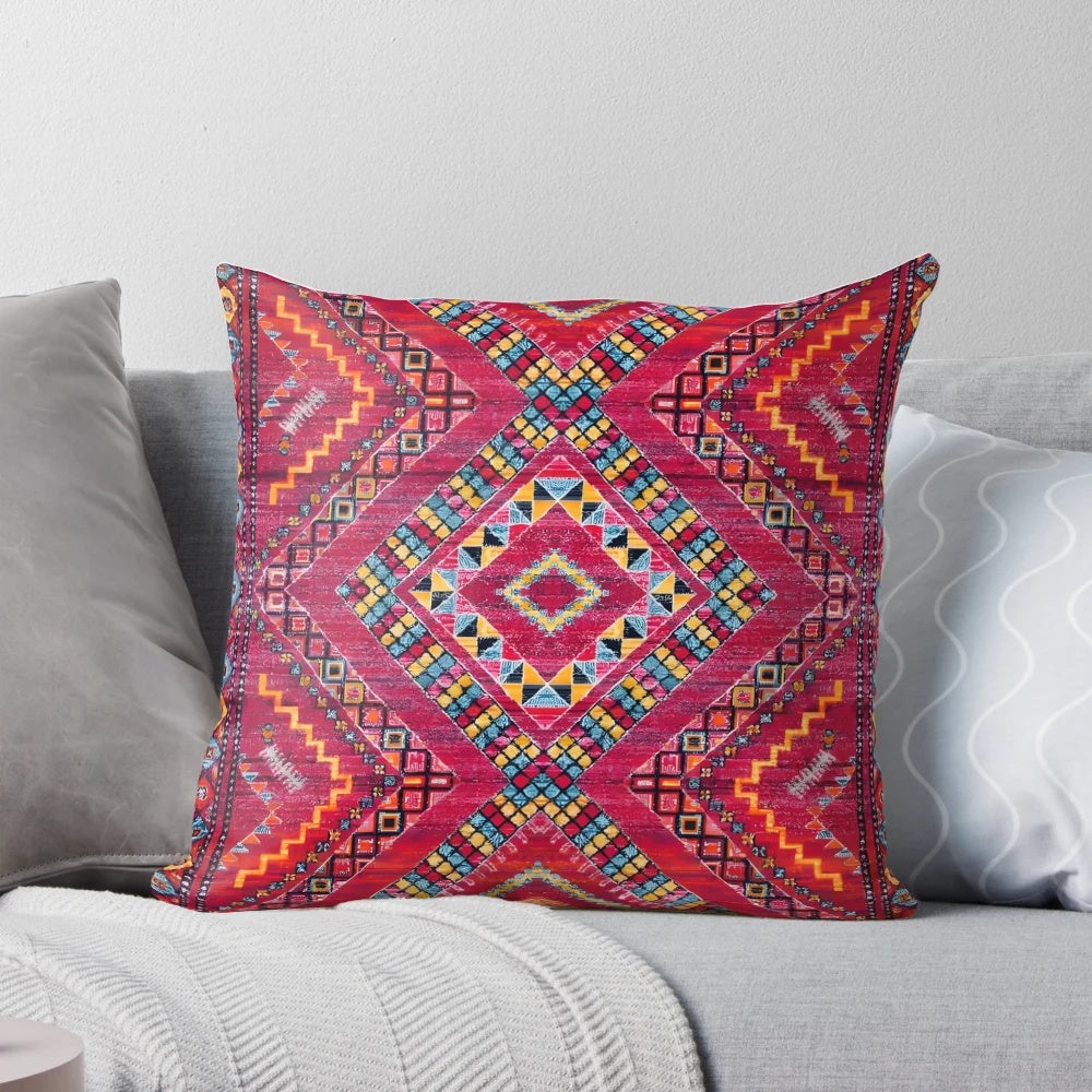 Vintage geometric art fusion throw pillow with pink and bohemian-inspired design