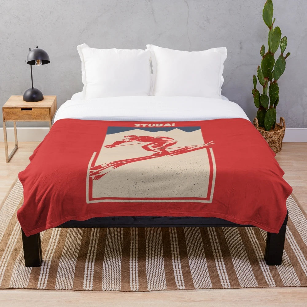 Vintage geometric ski poster design on a plush blanket for alpine skiers