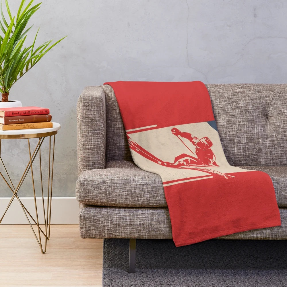 Vintage geometric ski poster design on a plush blanket for alpine skiers