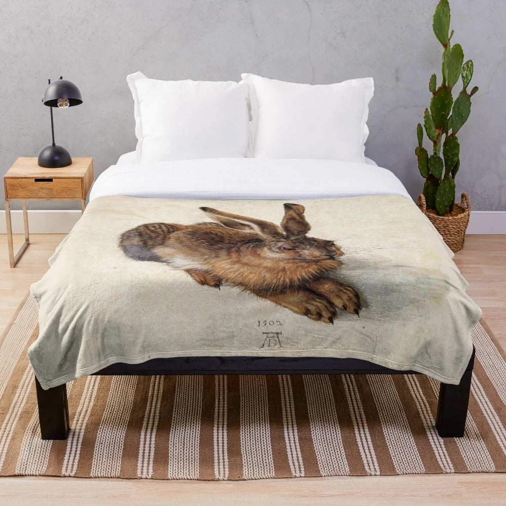 Vintage German fine art plush blanket featuring antique animal drawings of a rabbit or hare