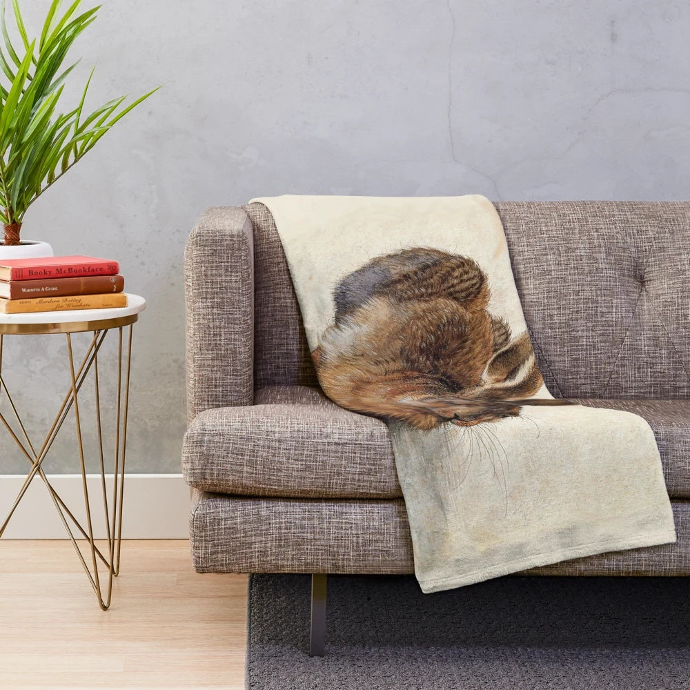 Vintage German fine art plush blanket featuring antique animal drawings of a rabbit or hare