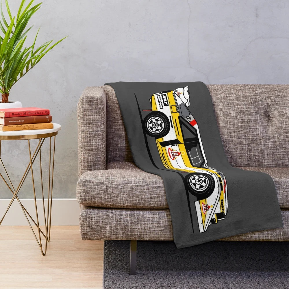 Plush blanket featuring a classic S1 rally car design