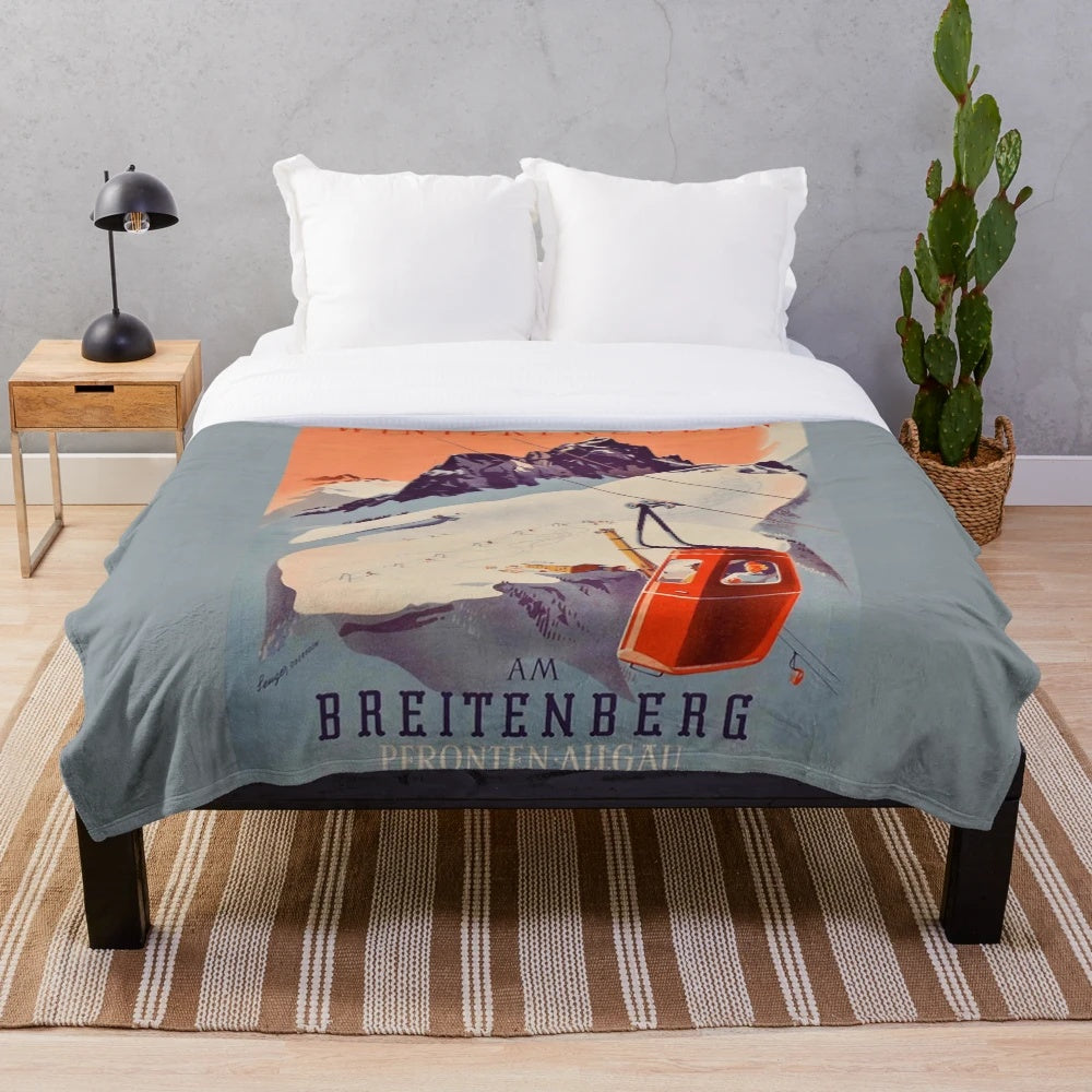 Vintage German ski poster plush blanket with retro winter sports art