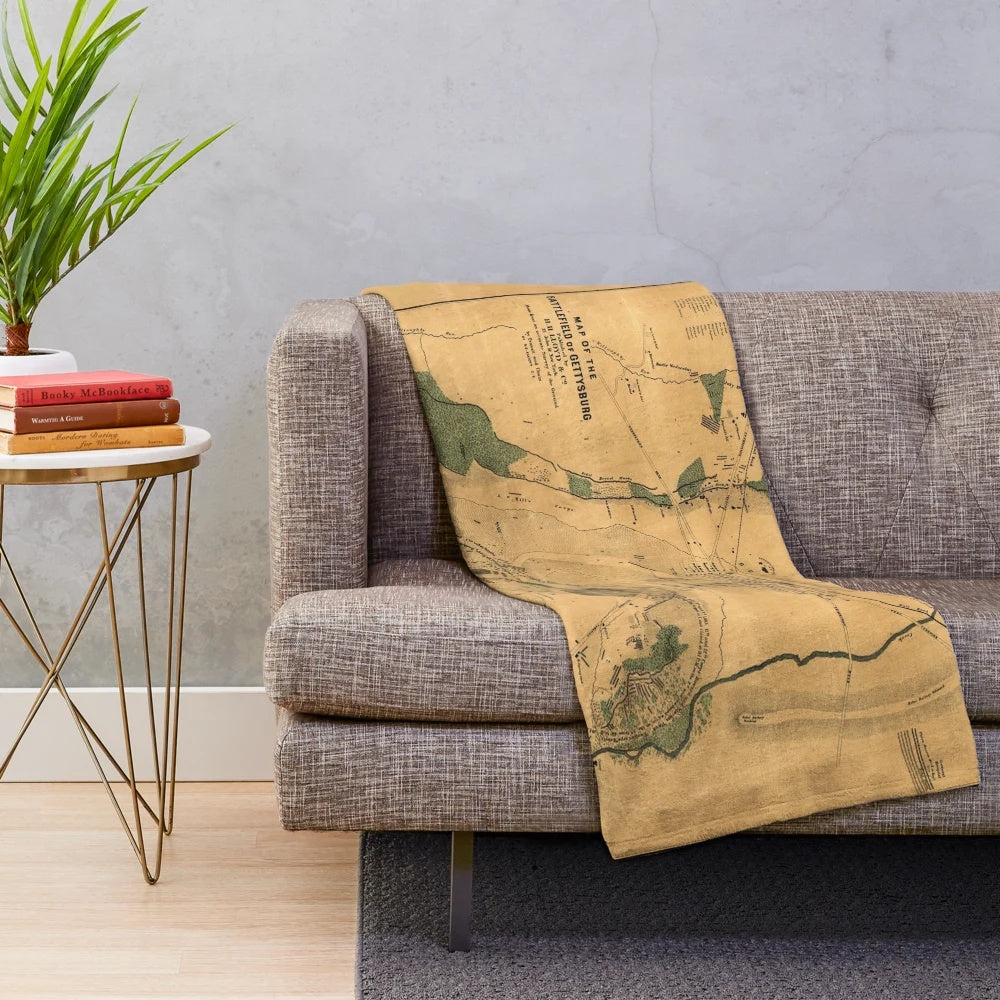 Vintage 1864 map of the Gettysburg battlefield printed on a plush blanket