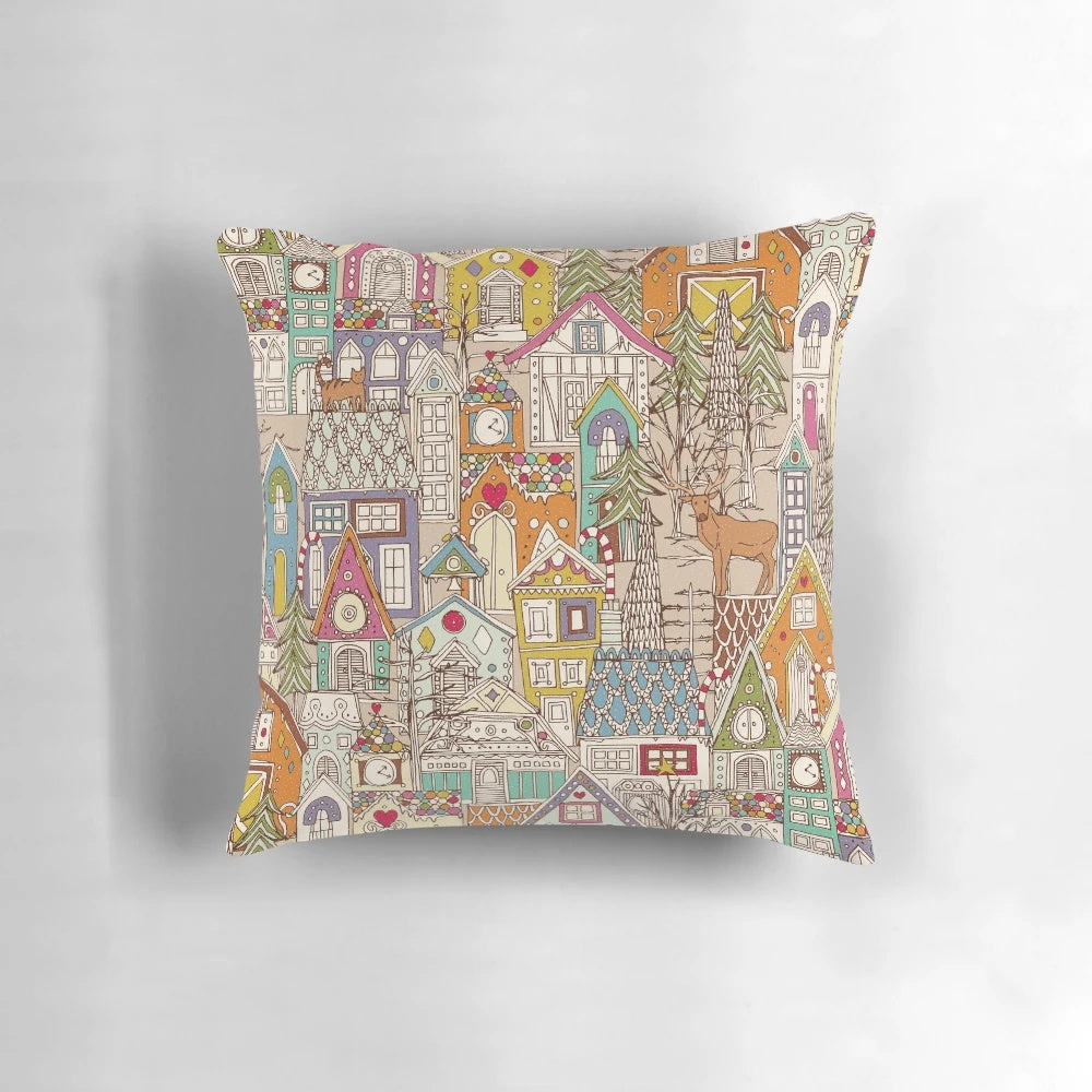 Vintage-style gingerbread town print on a soft, plush holiday throw pillow with cute animals and snowy accents.
