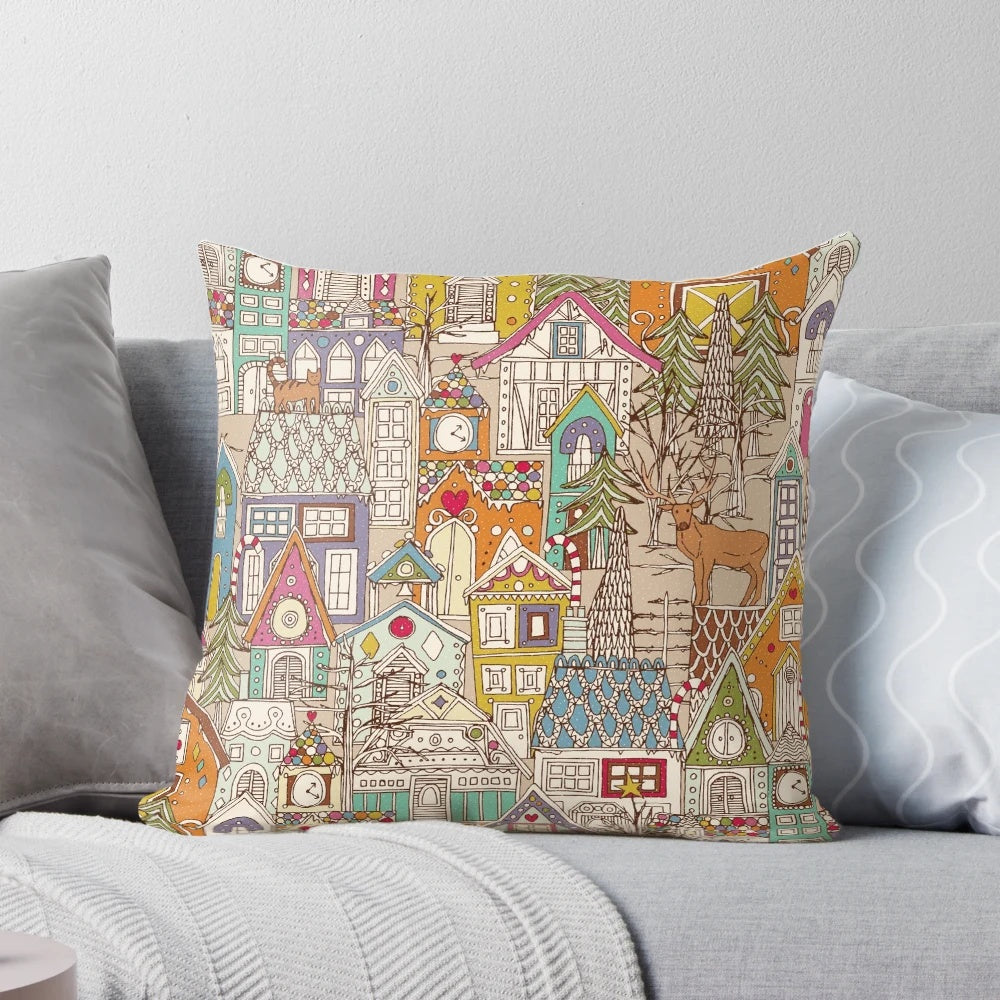 Vintage-style gingerbread town print on a soft, plush holiday throw pillow with cute animals and snowy accents.