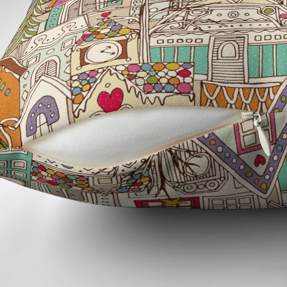 Vintage-style gingerbread town print on a soft, plush holiday throw pillow with cute animals and snowy accents.