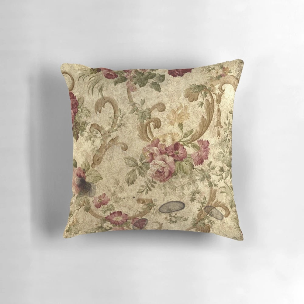 Vintage gold and crimson floral brocade decorative pillow