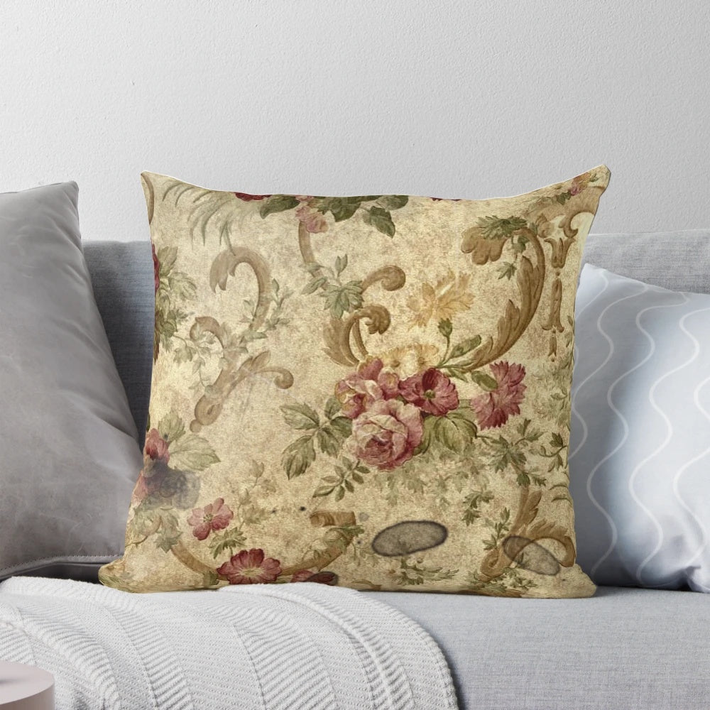 Vintage gold and crimson floral brocade decorative pillow