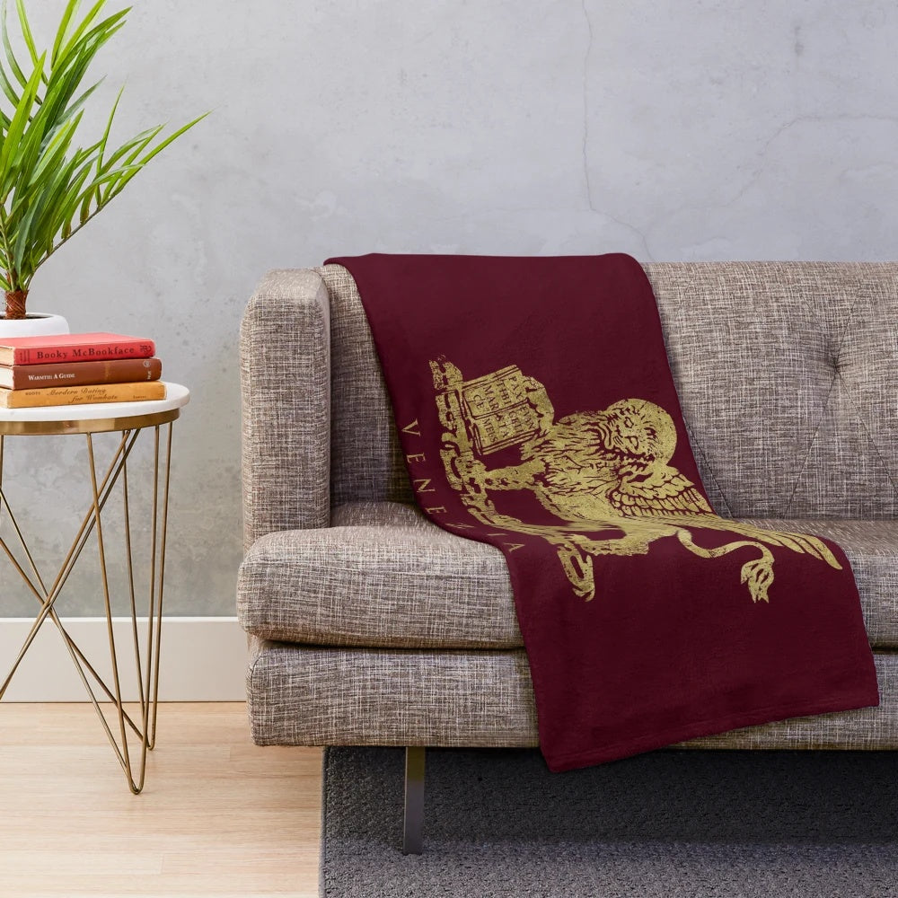 Vintage gold plush blanket with winged lion of Venice design