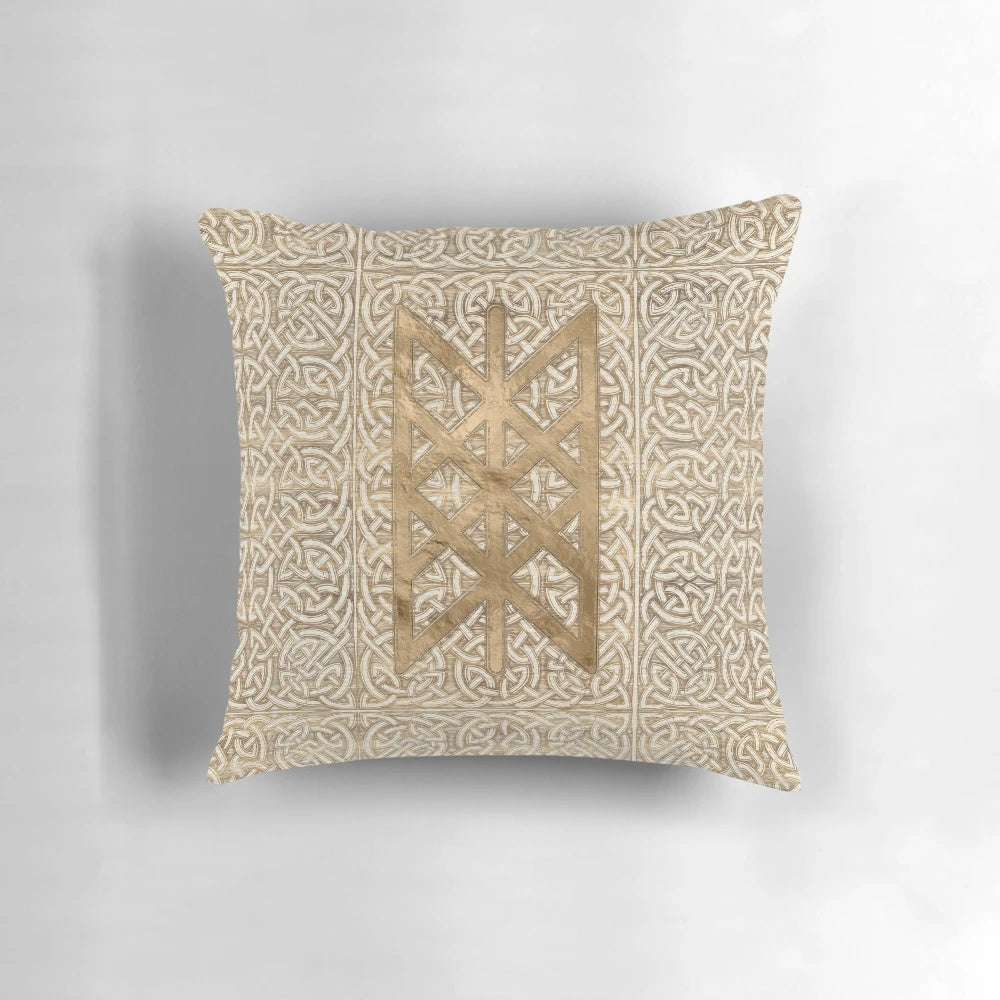 Vintage gold pillow featuring the Web of Wyrd, a Norse mythology symbol representing the matrix of fate.