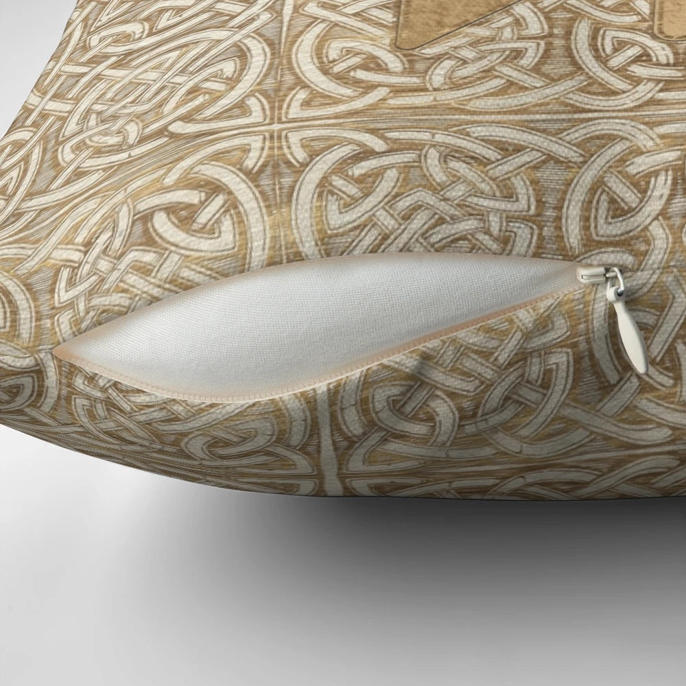 Vintage gold pillow featuring the Web of Wyrd, a Norse mythology symbol representing the matrix of fate.