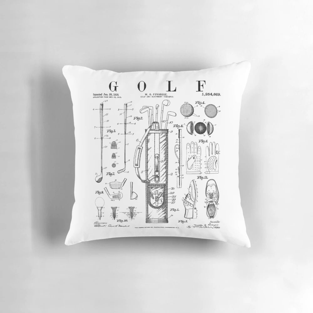 Vintage golf club patent drawing printed on a soft pillow, perfect for golf fans and enthusiasts.