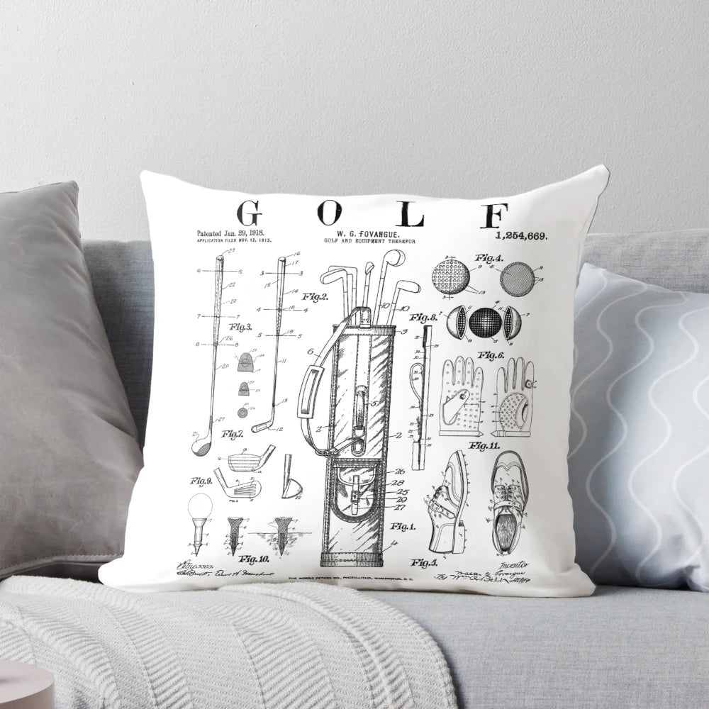 Vintage golf club patent drawing printed on a soft pillow, perfect for golf fans and enthusiasts.