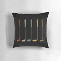 A plush pillow featuring a vintage and retro design of golf clubs, perfect for golf enthusiasts.