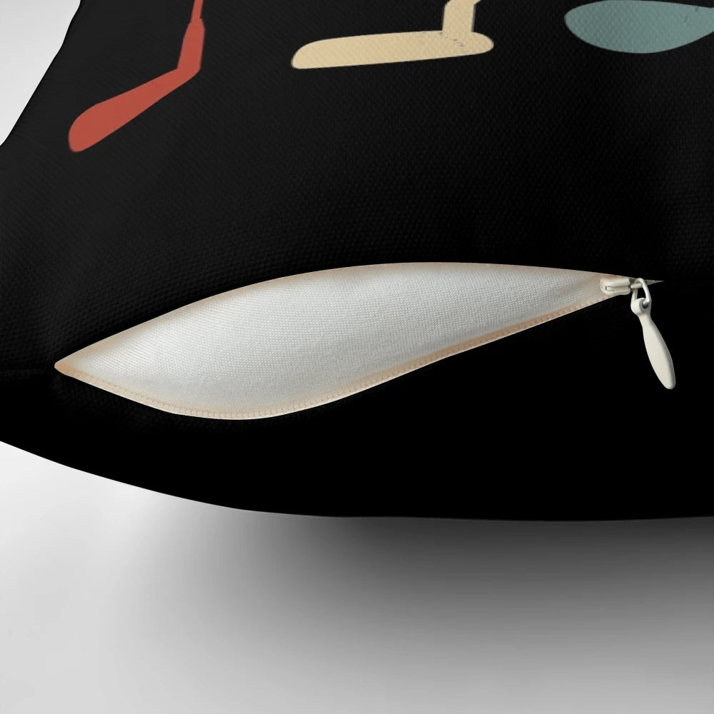 A plush pillow featuring a vintage and retro design of golf clubs, perfect for golf enthusiasts.