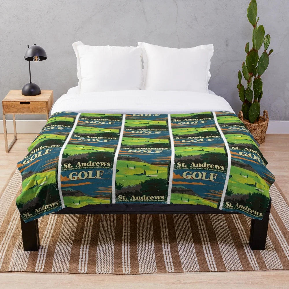 Vintage golf-themed plush blanket with St. Andrews inspired design