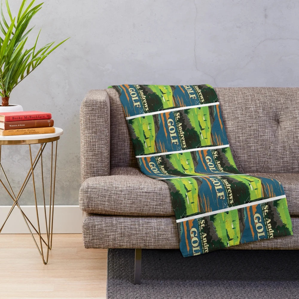 Vintage golf-themed plush blanket with St. Andrews inspired design