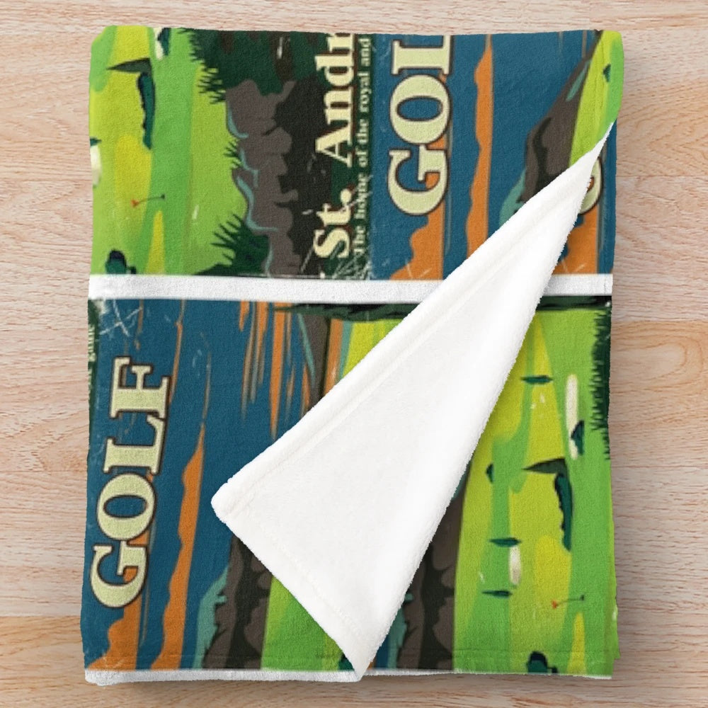 Vintage golf-themed plush blanket with St. Andrews inspired design